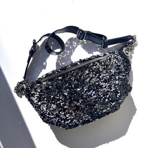 Authentic CHANEL Sequin Glazed Calfskin Black Silver 2018 Waist Fanny Bum Bag